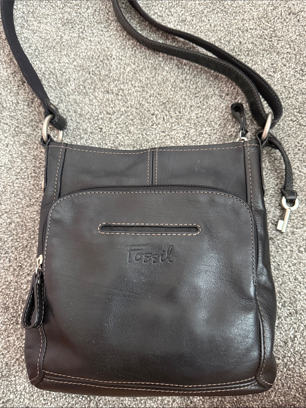 Fossil Black Quilted Logo-Print Crossbody Interior
